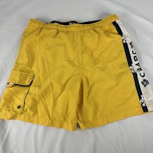 Chaps Swim Trunks Shorts Mens Large Yellow Elastic Waist Logo Leaves Pockets